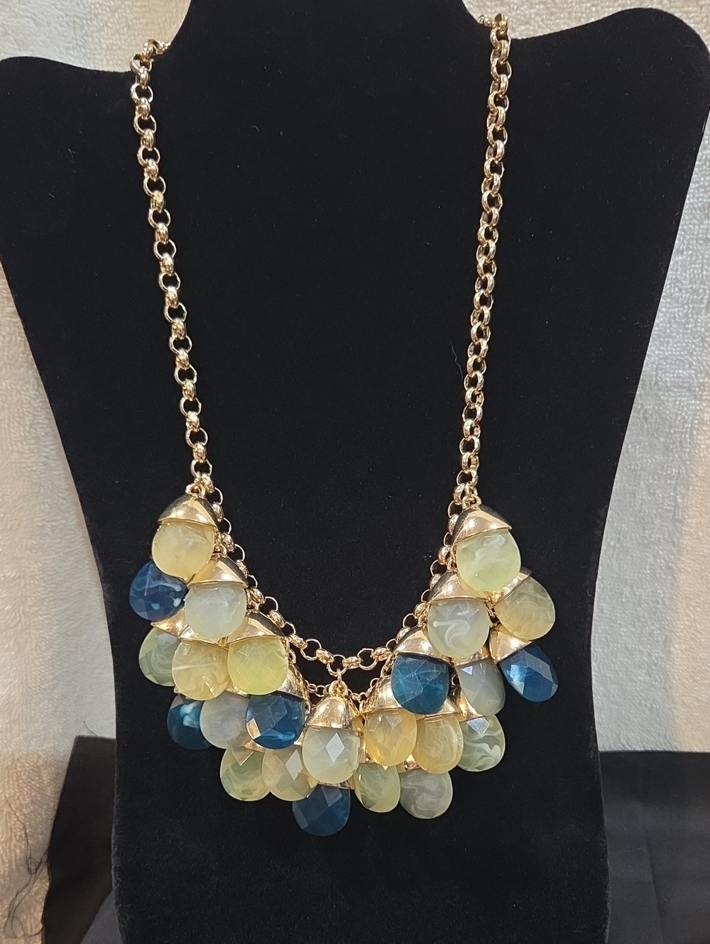 Talbots Goldtone Chain Statement Necklace with Blue and Pale Yellow Gem Drops